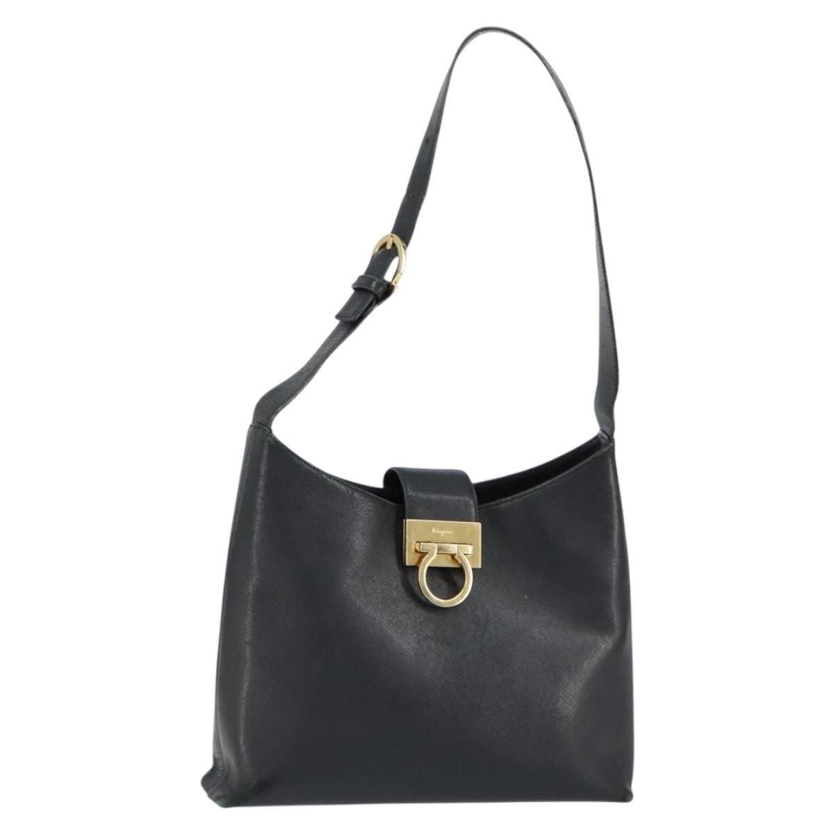 Salvatore Ferragamo Gancini Shoulder Bag Leather Black Gold Auth Ba8226